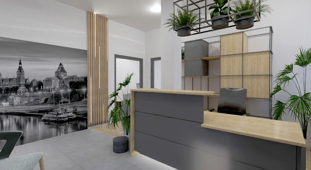 Projektowanie Wnętrz Wizualizacja fotorealistyczna Obiekt biurowy recepcja