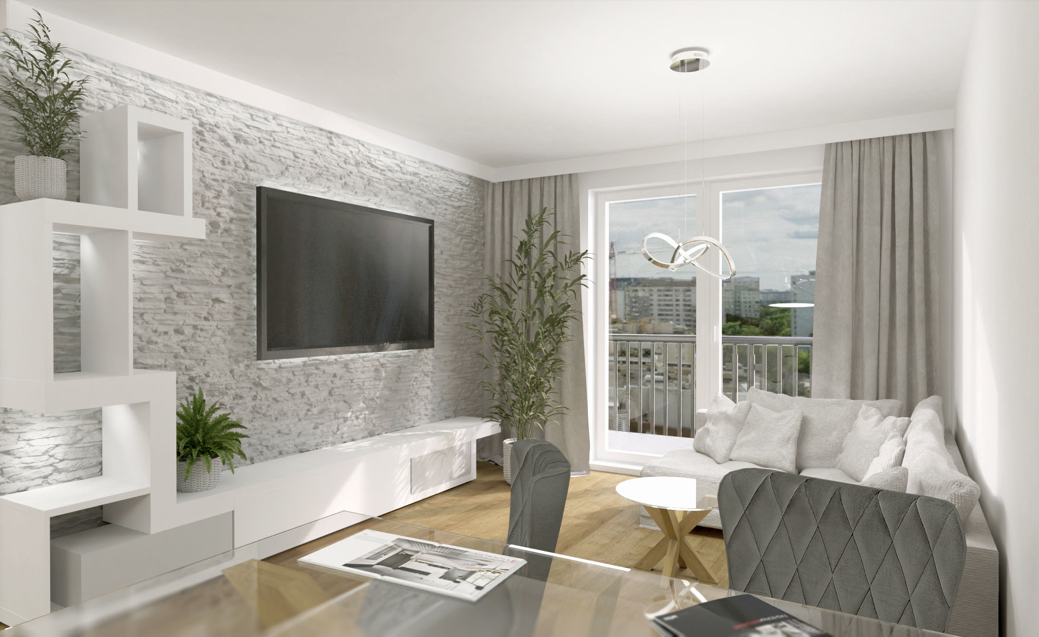 Projektowanie Wnętrz Mieszkanie Hol Wizualizacja fotorealistyczna Salon