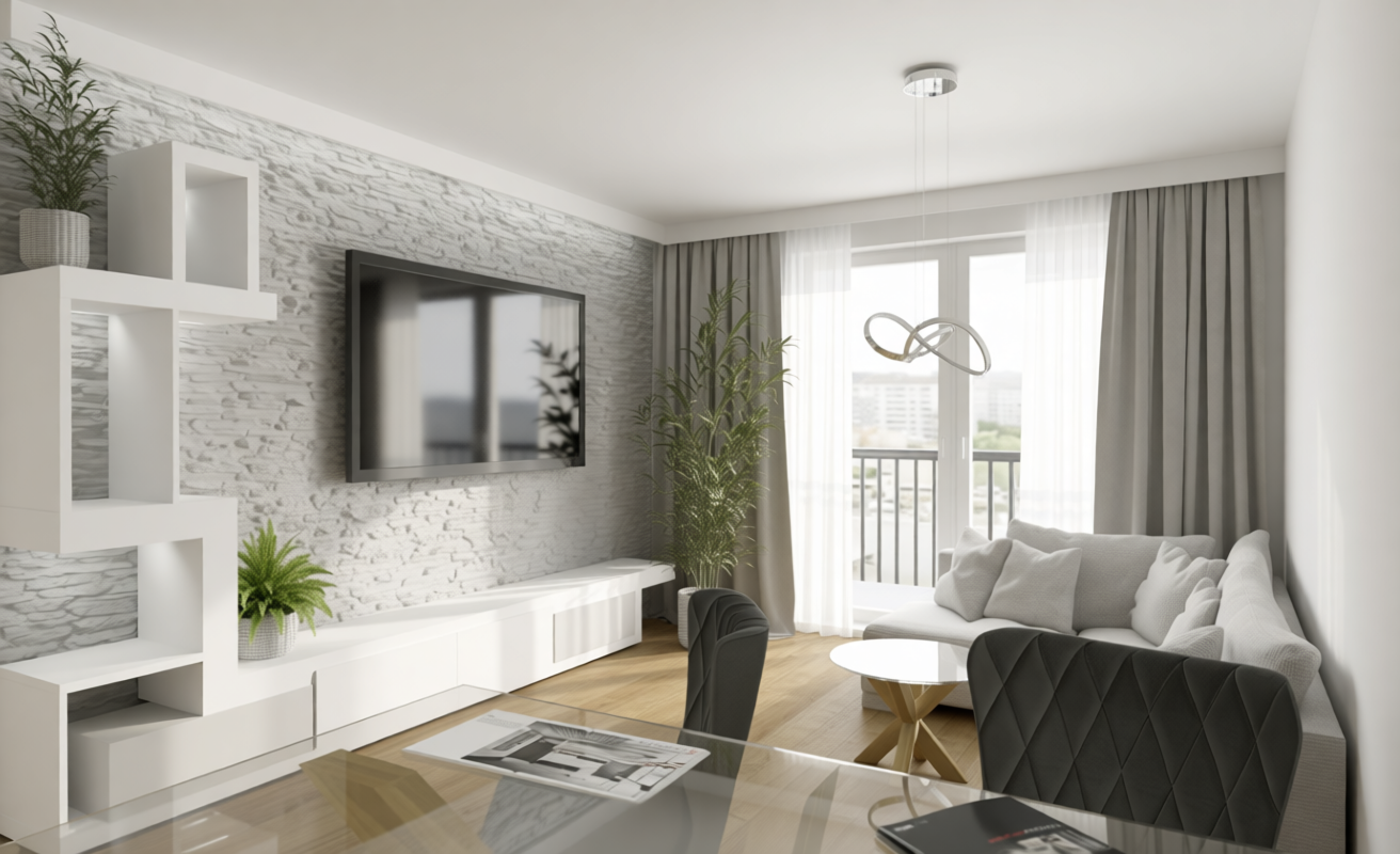 Apartament w Warszawie, projekt i wizualizacja salonu, pokoju dziennego