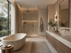 Łazienka w stylu luxury quiet - nowoczesne wnętrze z wanną wolnostojącą i naturalnym kamieniem