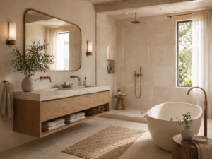 Łazienka w stylu Modern Organic Quiet Luxury, naturalne materiały, organiczne dodatki, jasne kolory, beżowe, brązowe odcienie, drewno, mikrocement