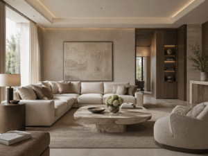 Salon w stylu luxury quiet - eleganckie wnętrze z jasną sofą, stolikiem z kamienia i ciepłym drewnem