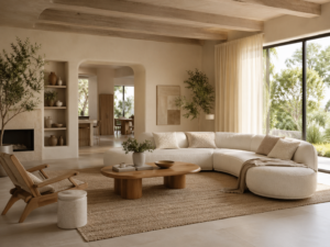 Salon, pokój dzienny w stylu Modern Organic Quiet Luxury, naturalne materiały, organiczne dodatki, kolory beżowe, brązowe