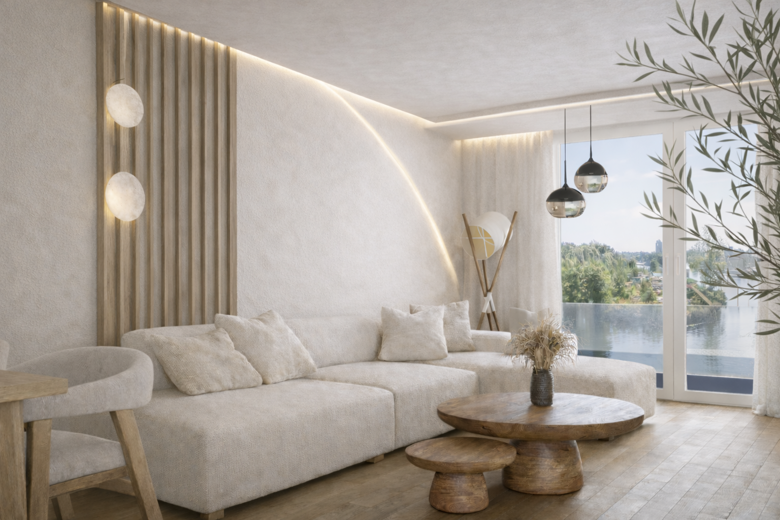 Projekt Mieszkania, w stylu Quiet Luxury, Organic Modern. Jasny Salon z aneksem kuchennym. 
