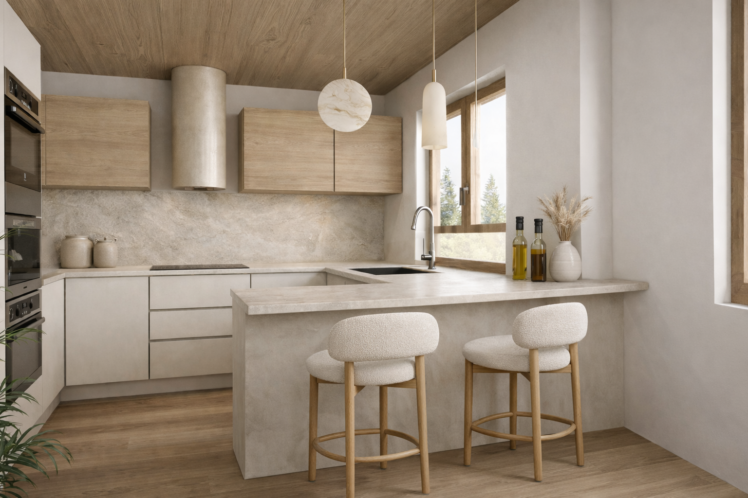 Projekt Mieszkania, w stylu Quiet Luxury, Organic Modern. Kuchnia z półwyspem.  