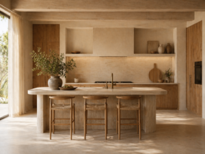 Kuchnia aneks kuchenny w stylu Modern Organic Quiet Luxury, naturalne materiały, organiczne dodatki