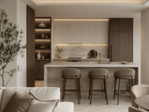 Nowoczesny aneks kuchenny w stylu luxury quiet z kamienną wyspą, drewnianą zabudową, tapicerowanymi hokerami i stonowaną kolorystyką