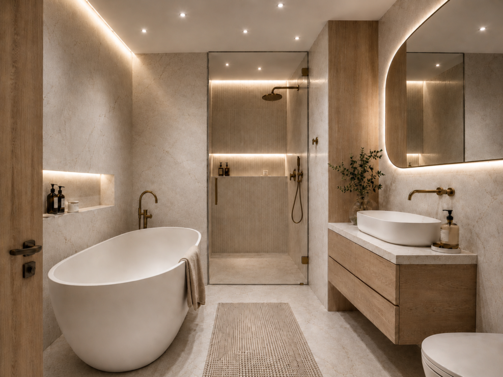 Quiet Luxury, Modern Organic, projekt mieszkania w Szczecinie, łazienka z wanną i prysznicem. Połączenie drewna z jasnymi kolorami.