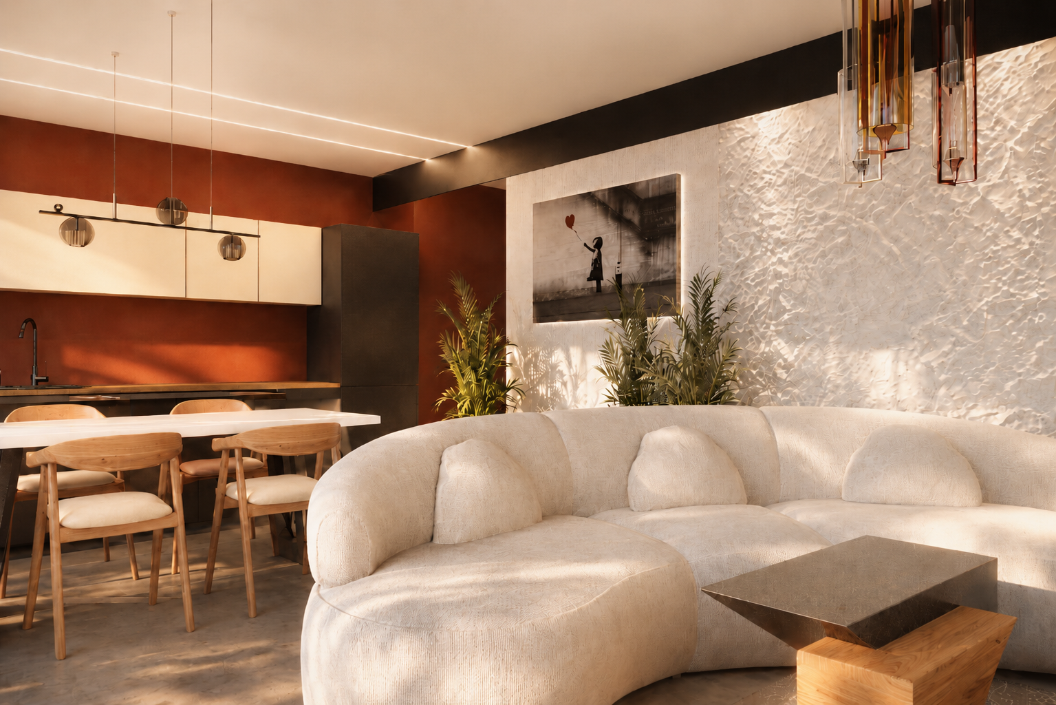 Projekt i wizualizacja mieszkania - salonu z aneksem kuchennym w stylu nowoczesnym - elektrycznym, z nutą soft glam i artystycznym charakterem